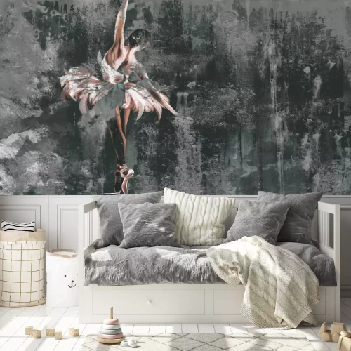 Fototapete Textured shabby and cracked wall on which a silhouette of a ballerina with watercolor elements is drawn, photo wallpaper