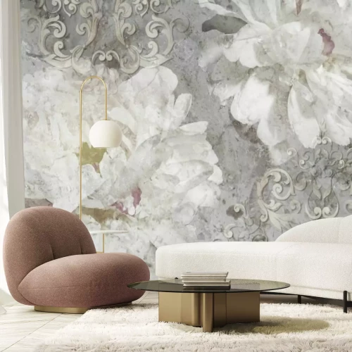 Fototapete Weißes Blumenornament auf Beton