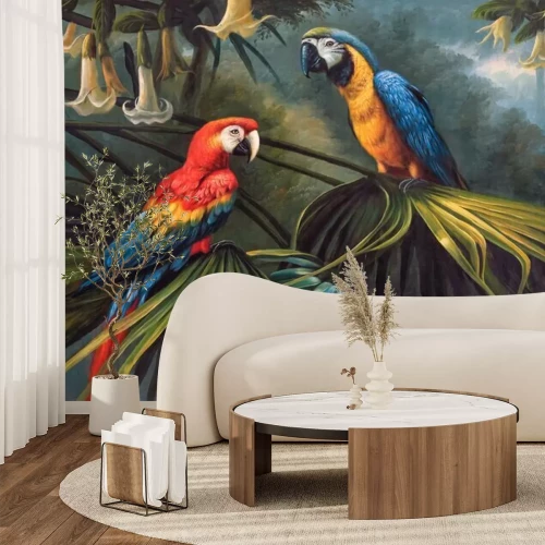 Fototapete Papageien sitzen auf einem Ast im Dschungel