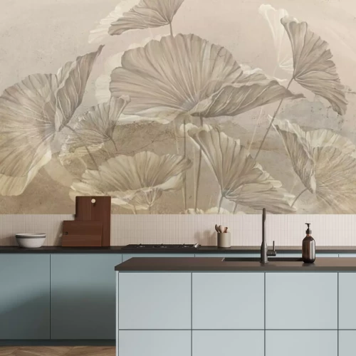 Fototapete Large art painted leaves on a textured wall, in pastel colors, photo wallpaper for the interior