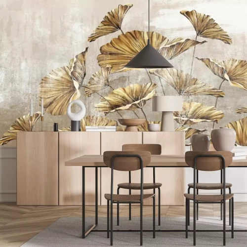 Fototapete Goldene Blumen mit sich ausbreitenden Blütenblättern auf Betongrund