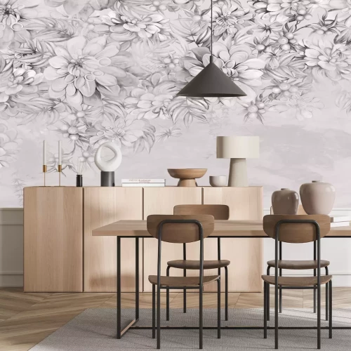 Fototapete Art painted flowers on the textured wall photo wallpaper in the interior in black and white style