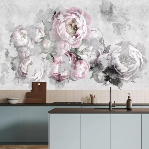Fototapete Zarte rosa und graue Pfingstrosen auf betonähnlichem Hintergrund