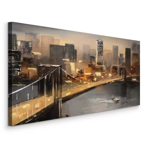 Bild oil painting on canvas - view of New York, river and bridge. modern abstract Artwork, Painting American city, urban illustration