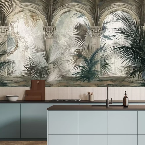 Fototapete Drawn tropical, exotic plants and leaves among the columns. Floral background for mural, wallpaper, photo wallpaper, postcard, card. Loft, modern, classic design.