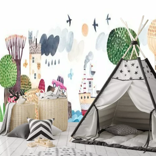 Sticker Summer. Watercolor landscape, mountains, hills, lake, trees and cute houses. Lake among the hills. Horizontal landscape.