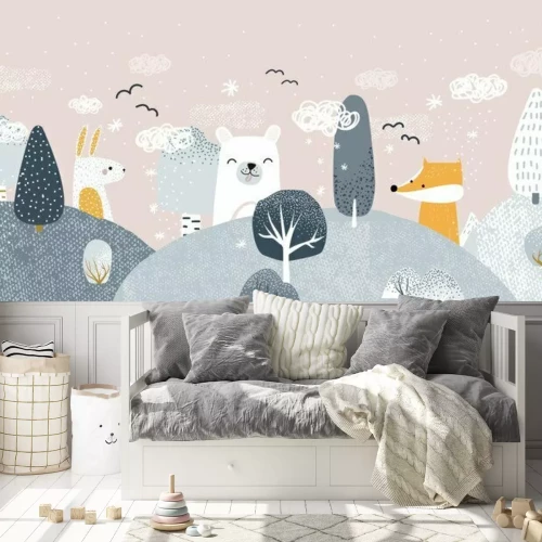 Fototapete Cute pastel winter forest landscape with animals. Childish trendy print. Vector hand drawn illustration.