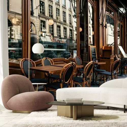 Fototapete Ein Blick auf eine Pariser Straße mit einem Café