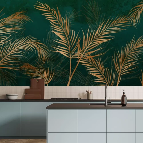 Fototapete Goldene Palmblätter auf dunkelgrünem Hintergrund