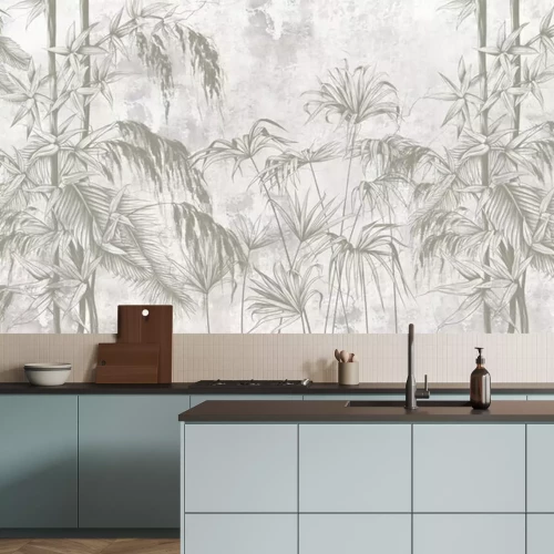 Fototapete Graphic exotic flowers on the concrete grunge wall. Designed for photo wallpaper, wallpaper, mural design in the loft, classic, modern style. Tropical brunches. 