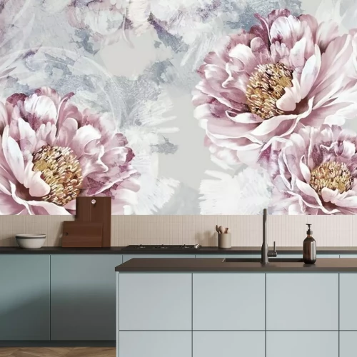 Fototapete Drawn art peonies on a textured background with imitation of paint and stains, wall murals in a room or home interior