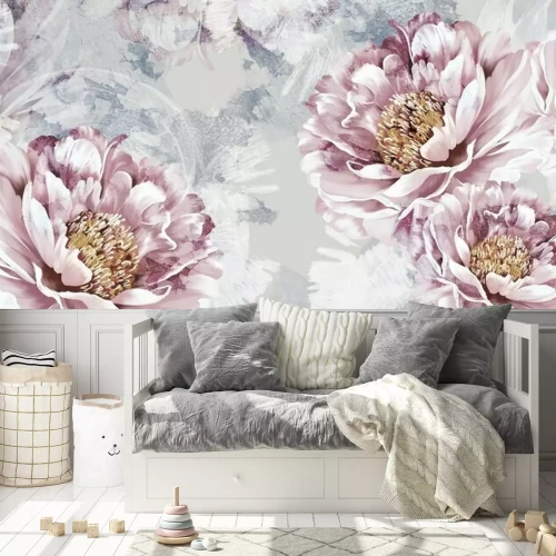 Fototapete Drawn art peonies on a textured background with imitation of paint and stains, wall murals in a room or home interior