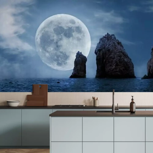 Fototapete Felsige Formationen vor dem Hintergrund des Mondes