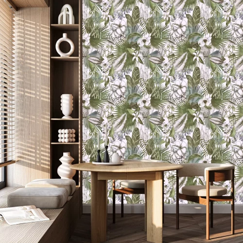 Tapete Tropical black and white print with watercolor color spots. Tropical background with flowers and leaves.