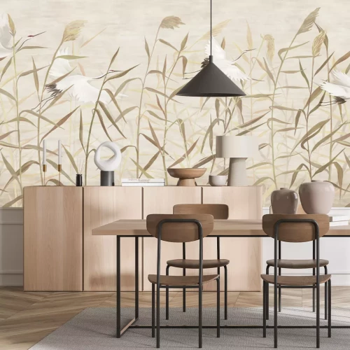 Fototapete Hand-drawn reeds with flying storks. For interior printing.