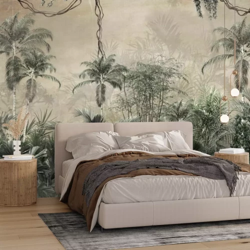 Fototapete Tropical trees and leaves wallpaper design in foggy forest - 3D illustration