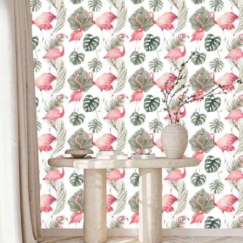 Tapete Tropical seamless pattern with flamingo and leaves. Watercolor vintage summer print. Exotic hand drawn illustration