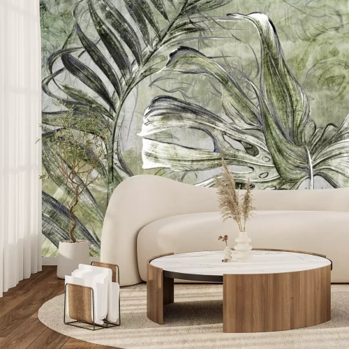 Fototapete Abstrakte tropische Blätter auf Beton