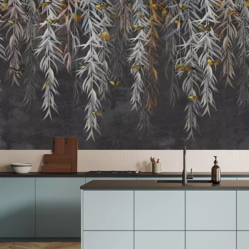 Fototapete Hängende Pflanzen und Schmetterlinge auf dunklem Hintergrund