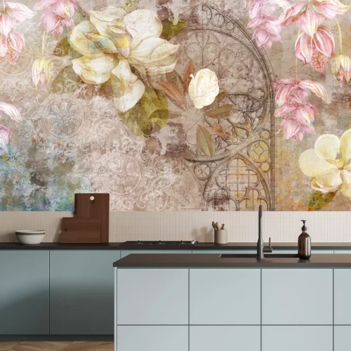 Fototapete Design for mural, wallpaper, photo wallpaper, card, postcard. Floral background. Magnolia, jasmine flowers illustration.