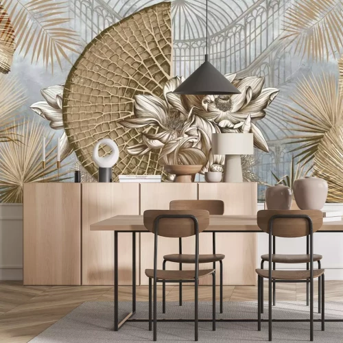 Fototapete Graphic illustration of a greenhouse. Floral wallpaper with exotic jungle leaves and water lilies.  Abstract botanical design for photo wallpaper, wallpaper, mural, card.