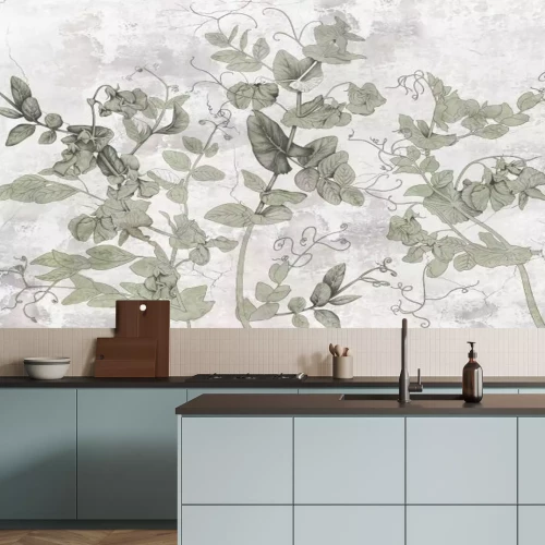 Fototapete Grüne Blätter auf grauem Betonhintergrund