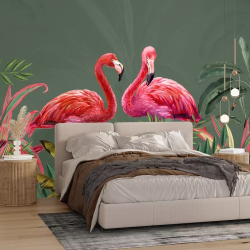 Fototapete Flamingos und bunte tropische Blätter