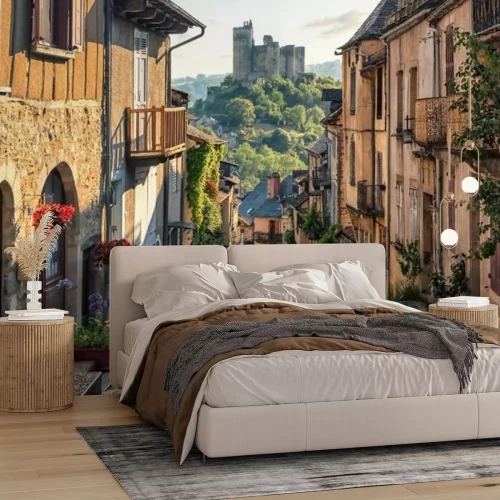 Fototapete Straße in einem französischen Dorf mit Blick auf ein Schloss