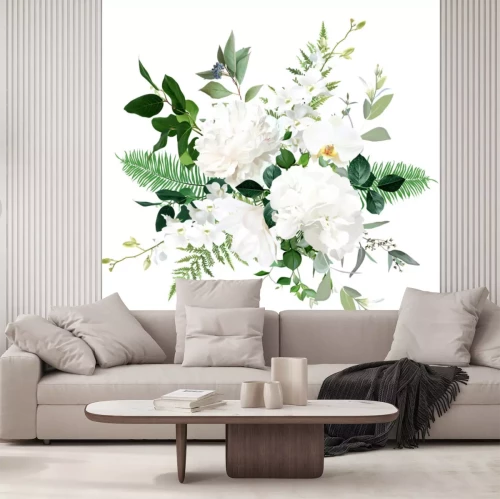 Sticker Weiße Pfingstrosenblüten zwischen grünen Blättern