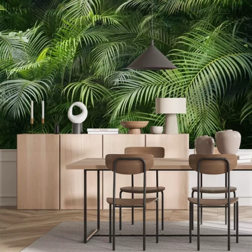 Fototapete Closeup of beautiful palm leaves in a wild tropical palm garden, dark green palm leaf texture concept full framed