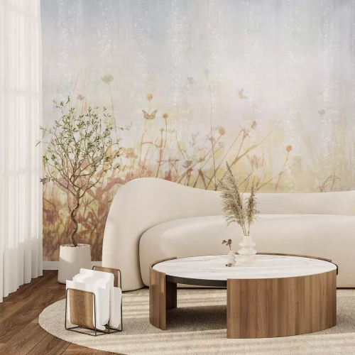 Fototapete Wildblumen und Schmetterlinge auf Wiesenhintergrund Retroillustration