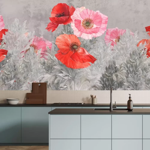 Fototapete Saftige rote Mohnblumen auf einer Lichtung