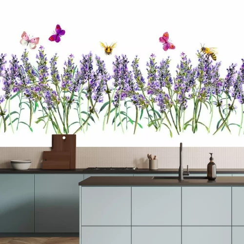 Fototapete Lavendel mit Schmetterlingen und Bienen auf weißem Hintergrund