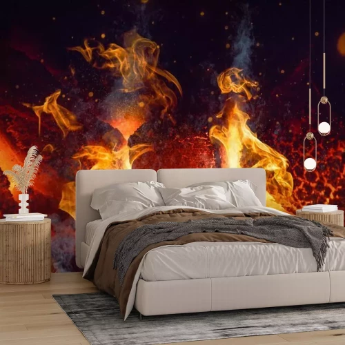 Fototapete Sanftes Feuer von brennendem Holz im Lagerfeuer