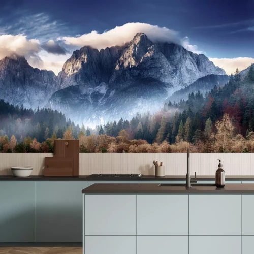 Fototapete Bäume in herbstlichen Farben vor einer Berglandschaft