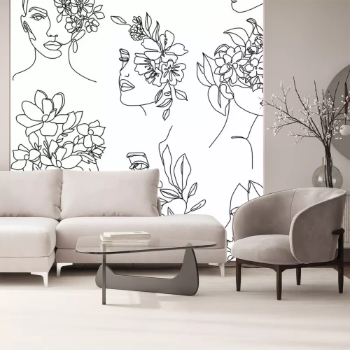 Sticker Schwarz-weiße weibliche Gesichter mit Blumen