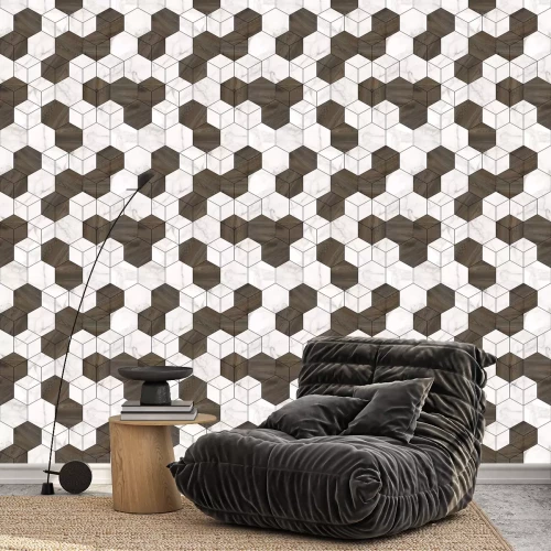 Tapete Geometrisches Muster mit Marmor- und Holzelementen