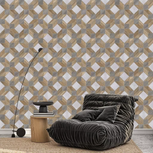 Tapete Geometrisches Muster mit Holzelementen am Betonhintergrund