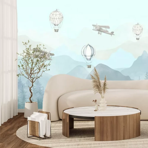 Fototapete Illustration of flying planes and balloons with a blue background. Slightly misty forest and high mountains. Kids wallpaper style.