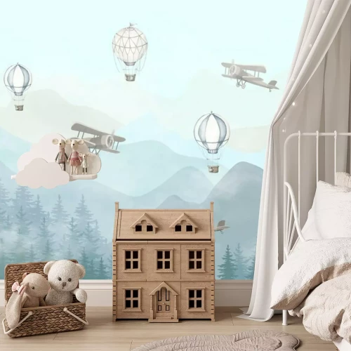 Fototapete Illustration of flying planes and balloons with a blue background. Slightly misty forest and high mountains. Kids wallpaper style.