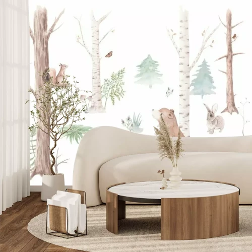 Fototapete Watercolor set Forest Animals and Trees, watercolor woodland, bear, squirrel, sparrow, fox, rabbit, snail, hedgehog, Christmas tree, stump, for nursery, wallpaper, wall decor, stickers