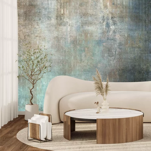 Fototapete Grunge photo wallpaper with golden abstract elements on concrete background. Illustration for wallpaper, fresco, mural.