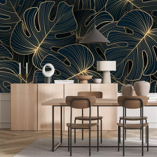 Fototapete Gradient golden linear background with monstera leaves. Hand drawn luxury golden tropical leaf on dark background. Vector linear illustration of leaves for prints, banner, poster, cover, wallpaper