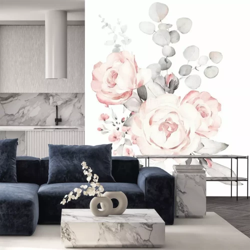 Sticker Set watercolor pink  flowers, garden roses, peonies. collection leaves, branches. Botanic illustration isolated on white background.