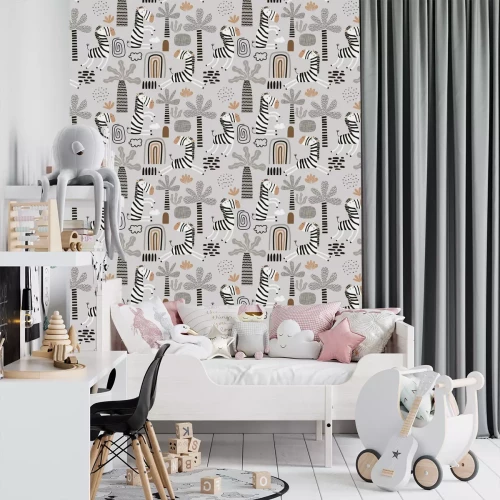 Tapete Zebras inmitten von Palmen im skandinavischen Stil