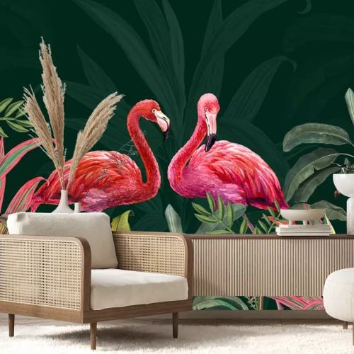 Sticker Zwei Flamingos im dunkelgrünen Dickicht