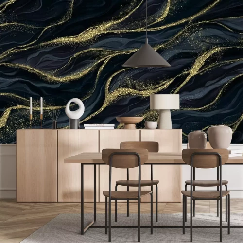 Fototapete Goldene Wellenlinien auf dunklem Hintergrund - ein elegantes Muster