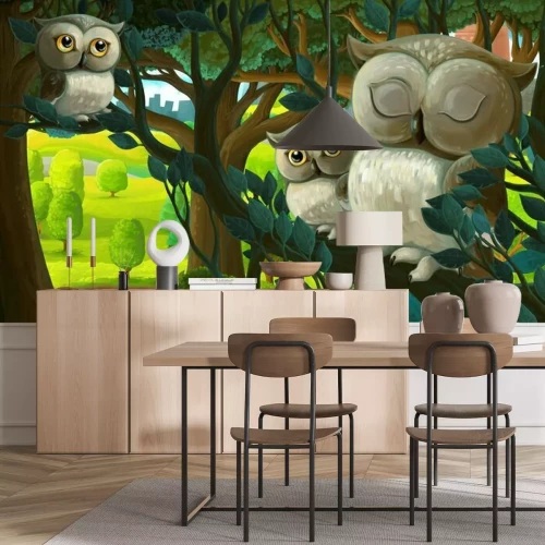 Fototapete Eulen wie aus dem Cartoon auf einem Ast sitzend