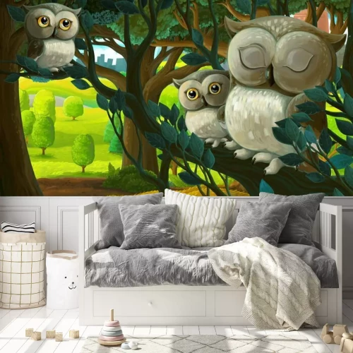 Fototapete Eulen wie aus dem Cartoon auf einem Ast sitzend