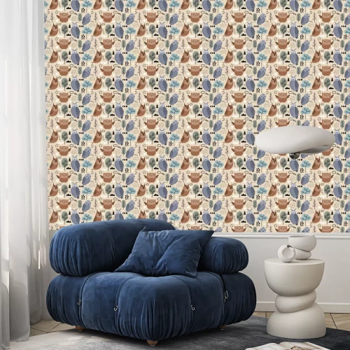 Tapete Niedliche Eulen in einem bunten Märchenwald